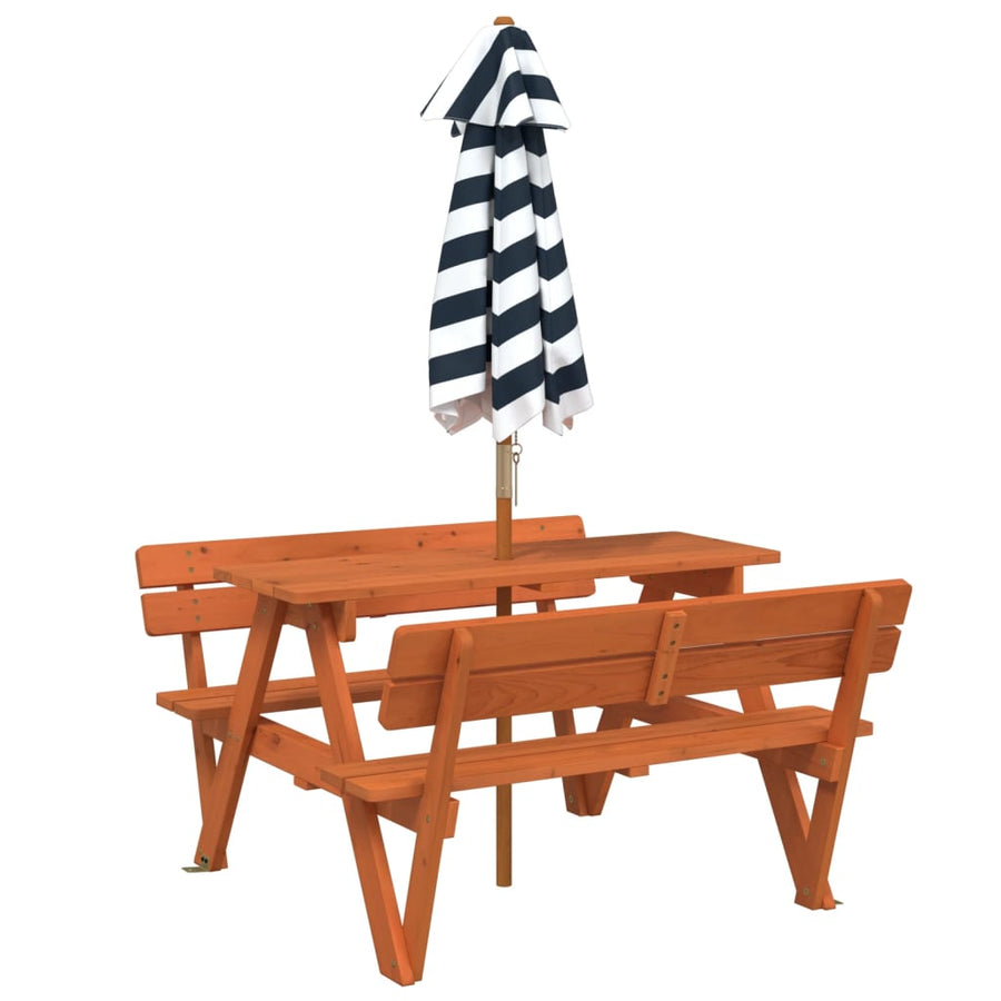 Picknicktafel Voor 4 Kinderen Met Parasol Massief Vurenhout donkerbruin en blauw