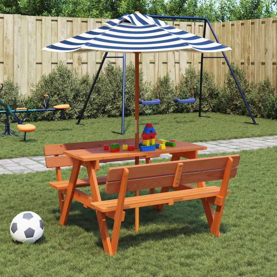 Picknicktafel Voor 4 Kinderen Met Parasol Massief Vurenhout donkerbruin en blauw