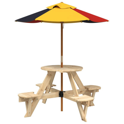 Picknicktafel Voor 4 Kinderen Met Parasol Rond Vurenhout bruin en meerkleurig