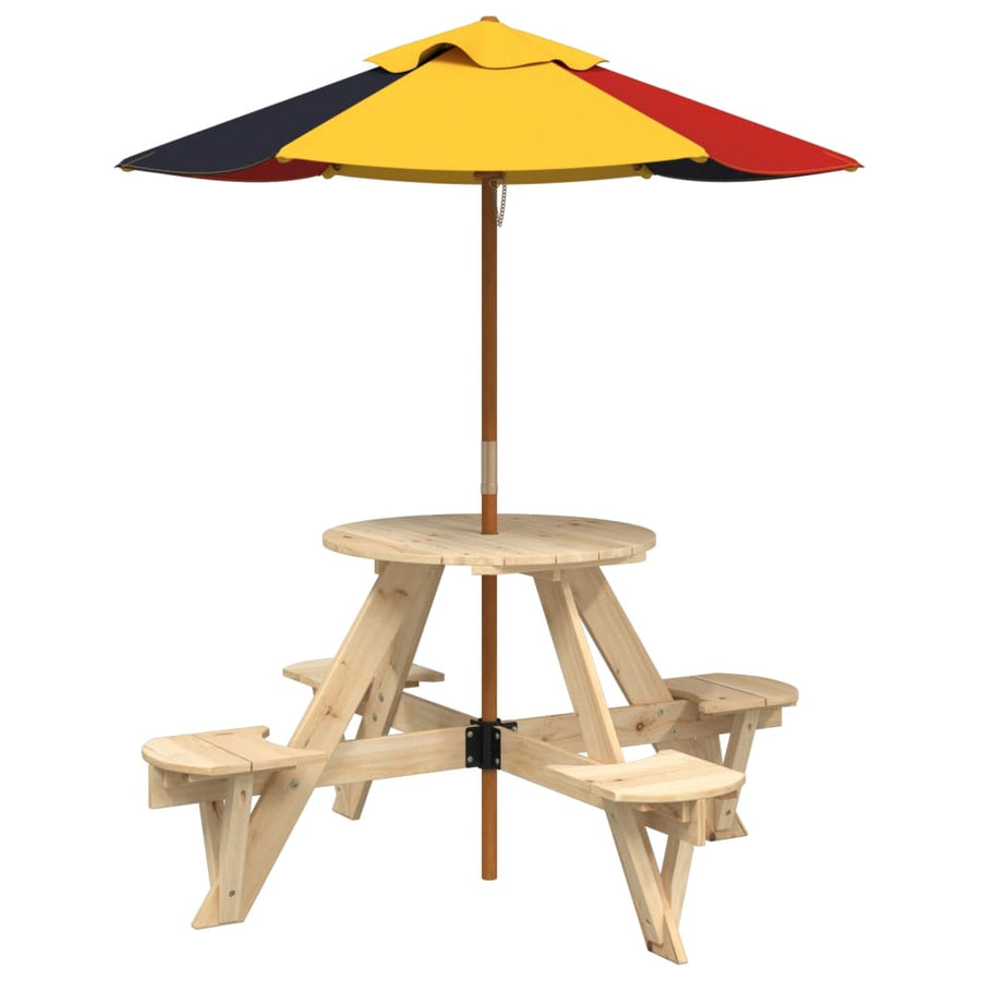 Picknicktafel Voor 4 Kinderen Met Parasol Rond Vurenhout bruin en meerkleurig