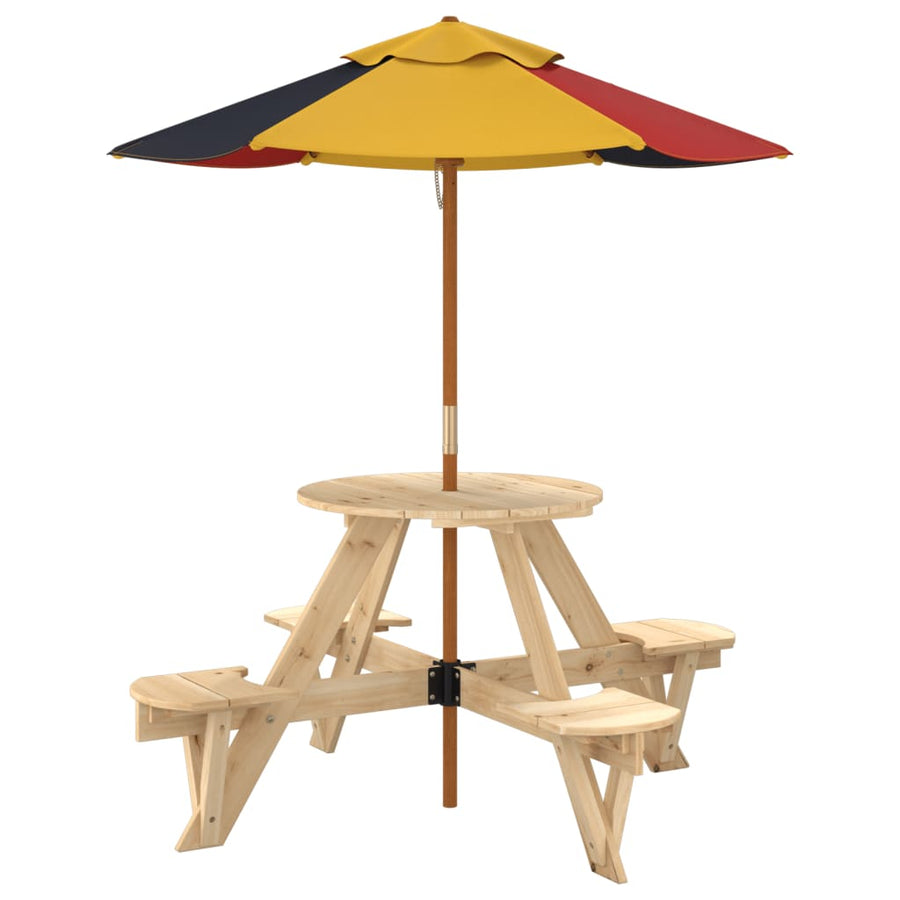 Picknicktafel Voor 4 Kinderen Met Parasol Rond Vurenhout bruin en meerkleurig