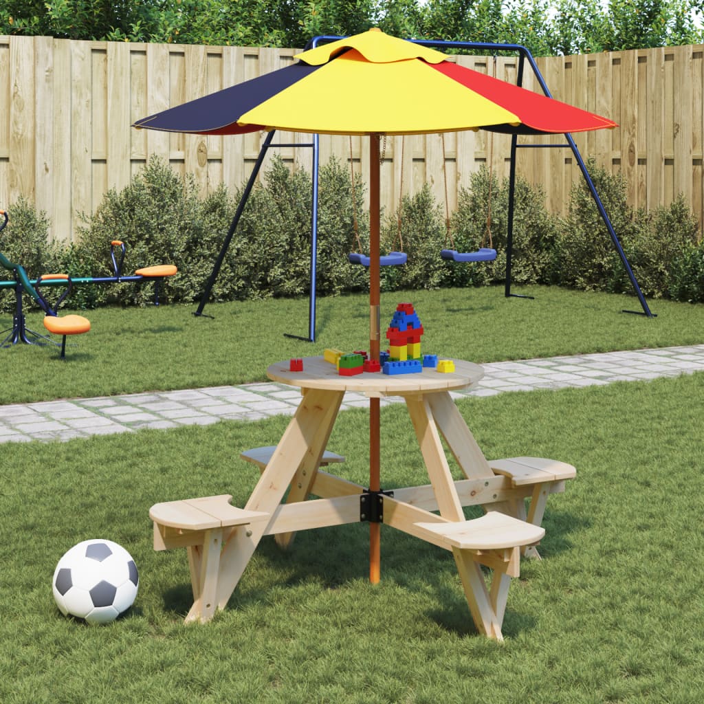 Picknicktafel Voor 4 Kinderen Met Parasol Rond Vurenhout bruin en meerkleurig
