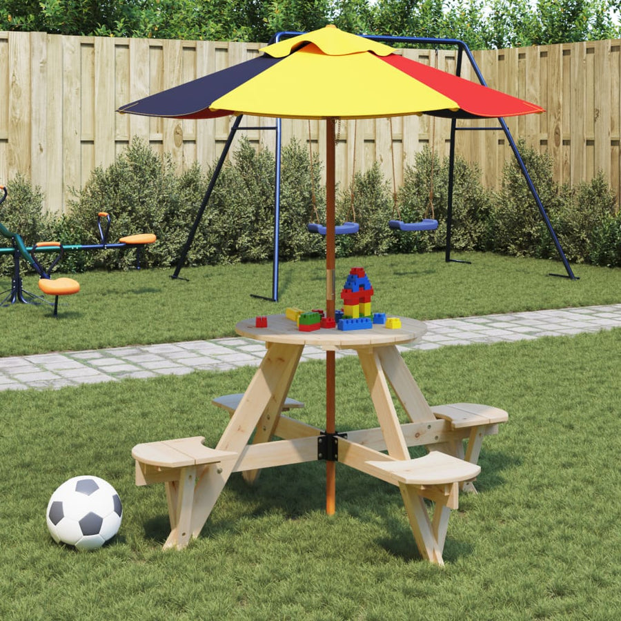 Picknicktafel Voor 4 Kinderen Met Parasol Rond Vurenhout bruin en meerkleurig