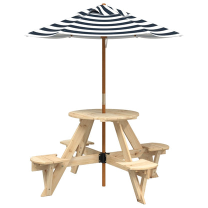 Picknicktafel Voor 4 Kinderen Met Parasol Rond Vurenhout Bruin en blauw