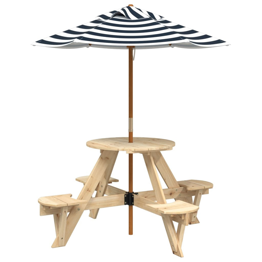 Picknicktafel Voor 4 Kinderen Met Parasol Rond Vurenhout Bruin en blauw