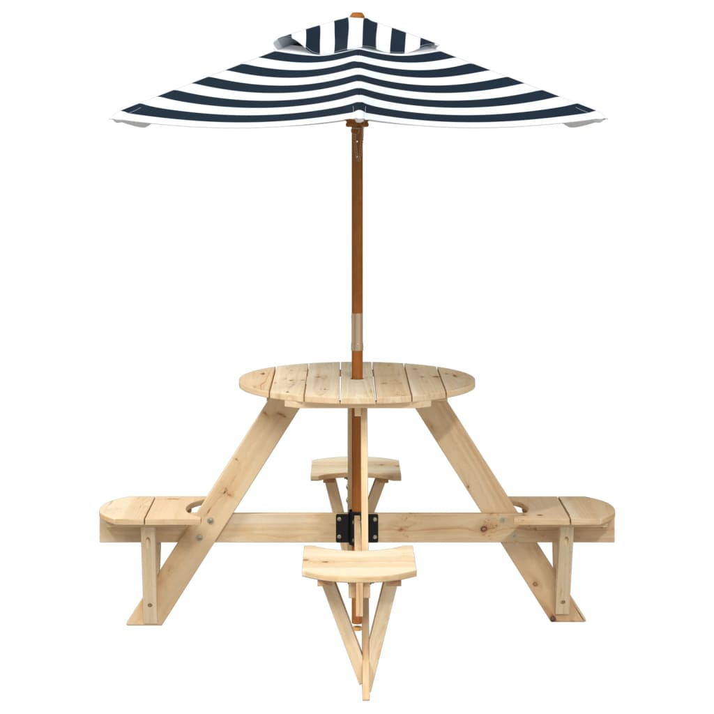 Picknicktafel Voor 4 Kinderen Met Parasol Rond Vurenhout Bruin en blauw