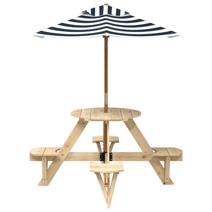 Picknicktafel Voor 4 Kinderen Met Parasol Rond Vurenhout Bruin en blauw