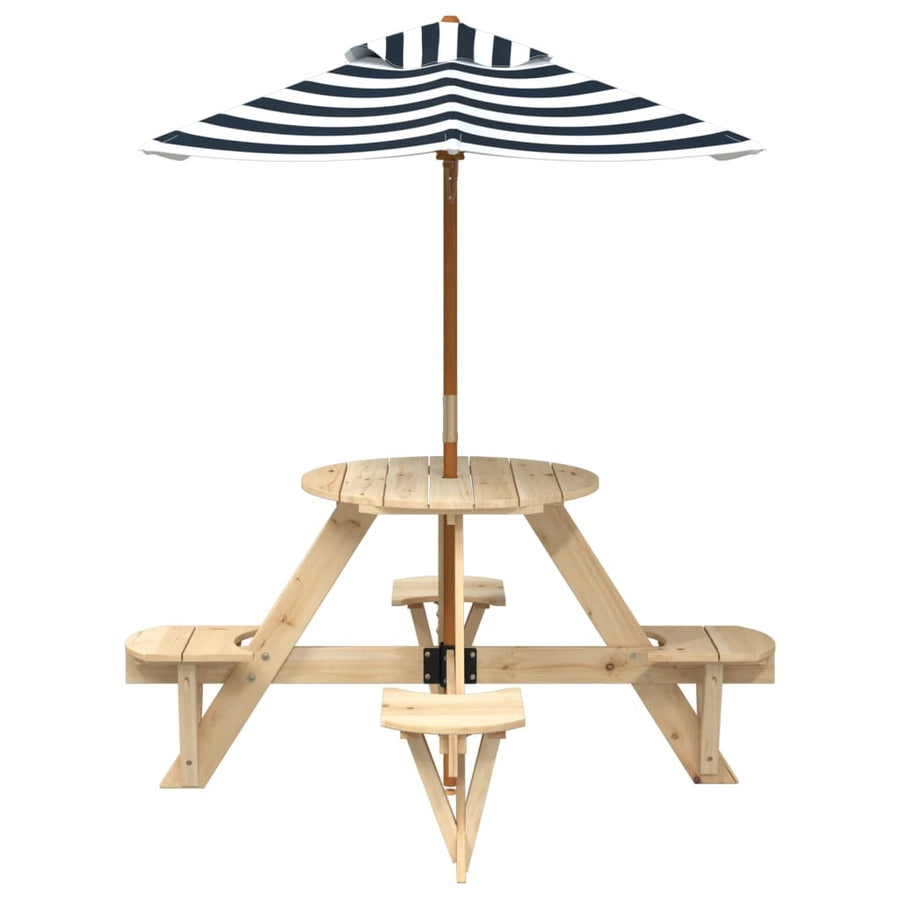 Picknicktafel Voor 4 Kinderen Met Parasol Rond Vurenhout Bruin en blauw