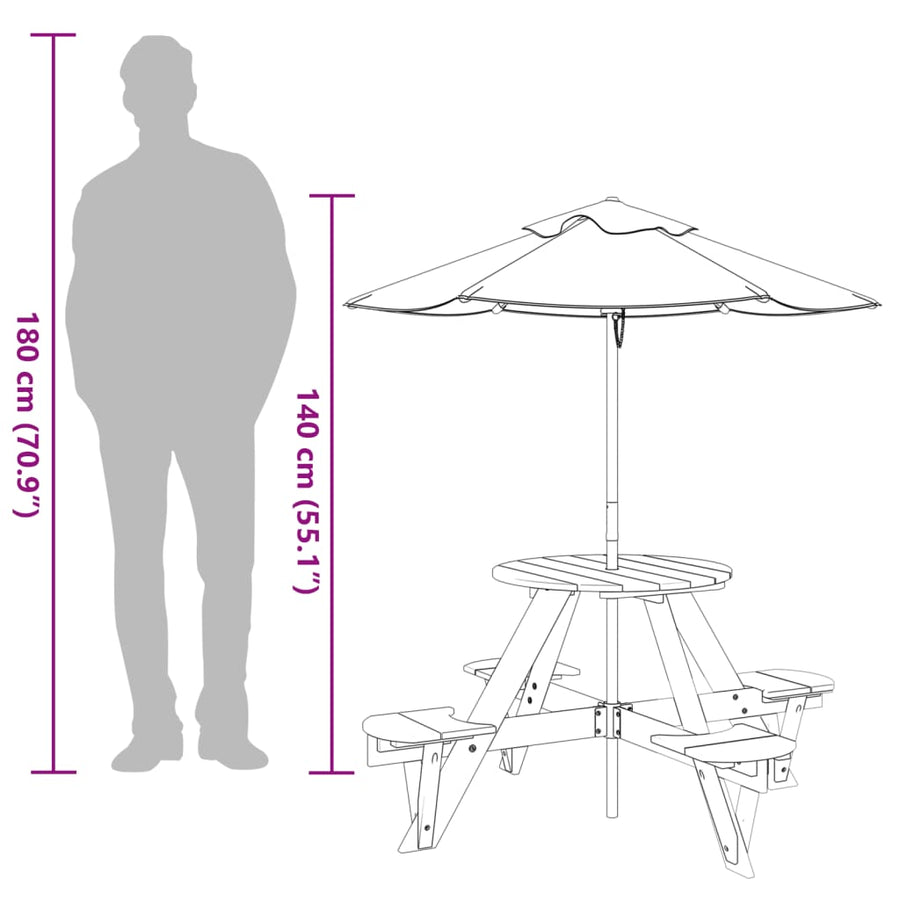 Picknicktafel Voor 4 Kinderen Met Parasol Rond Vurenhout Bruin en blauw