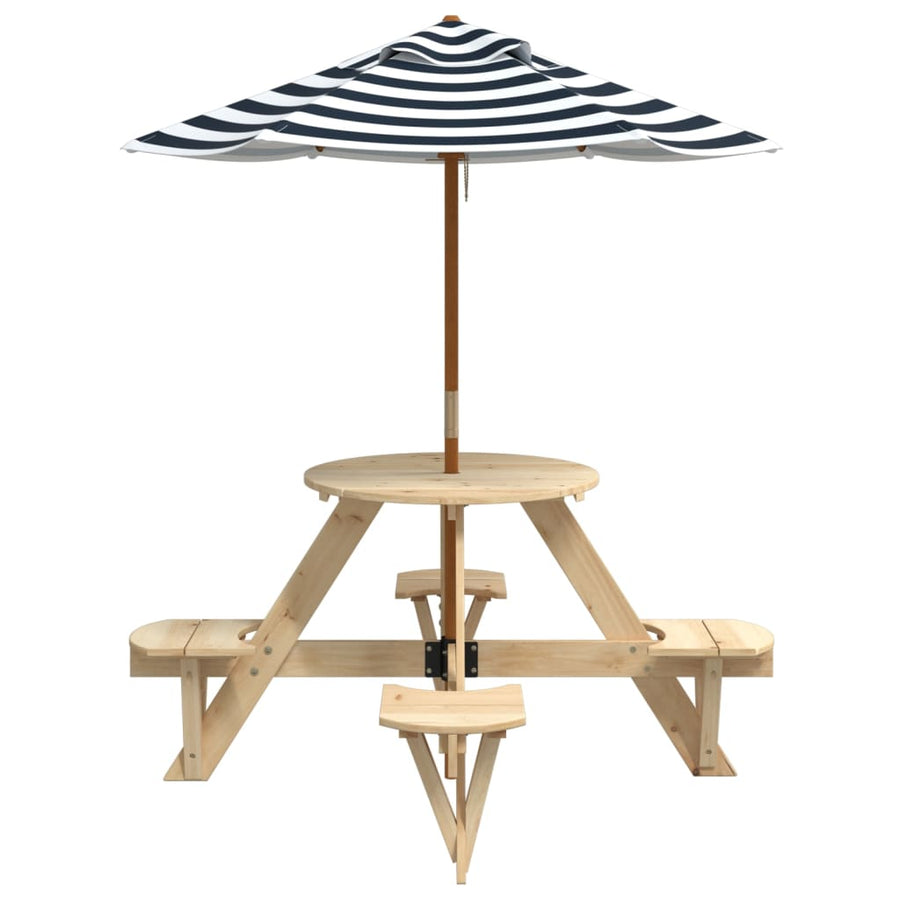 Picknicktafel Voor 4 Kinderen Met Parasol Rond Vurenhout Bruin en blauw