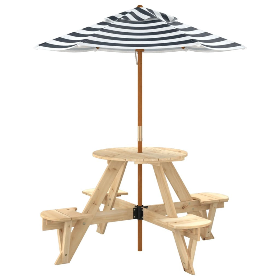 Picknicktafel Voor 4 Kinderen Met Parasol Rond Vurenhout Bruin en blauw