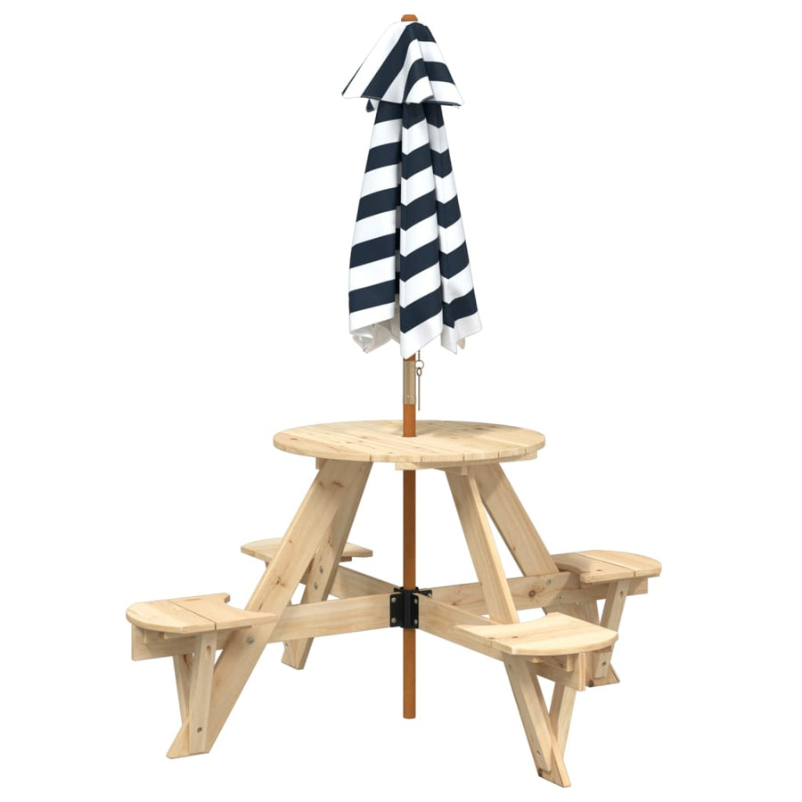 Picknicktafel Voor 4 Kinderen Met Parasol Rond Vurenhout Bruin en blauw