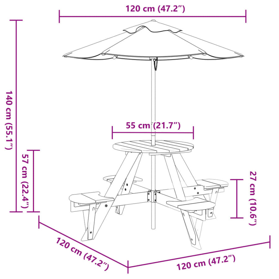 Picknicktafel Voor 4 Kinderen Met Parasol Rond Vurenhout Bruin en blauw