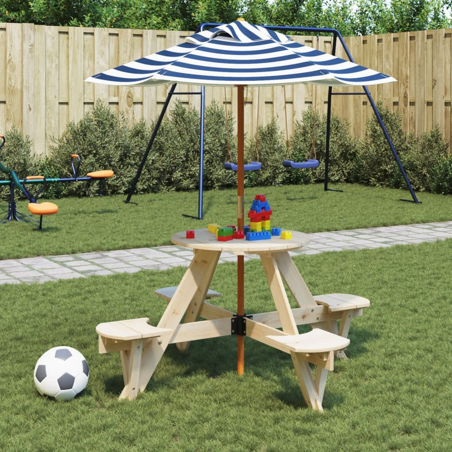 Picknicktafel Voor 4 Kinderen Met Parasol Rond Vurenhout Bruin en blauw
