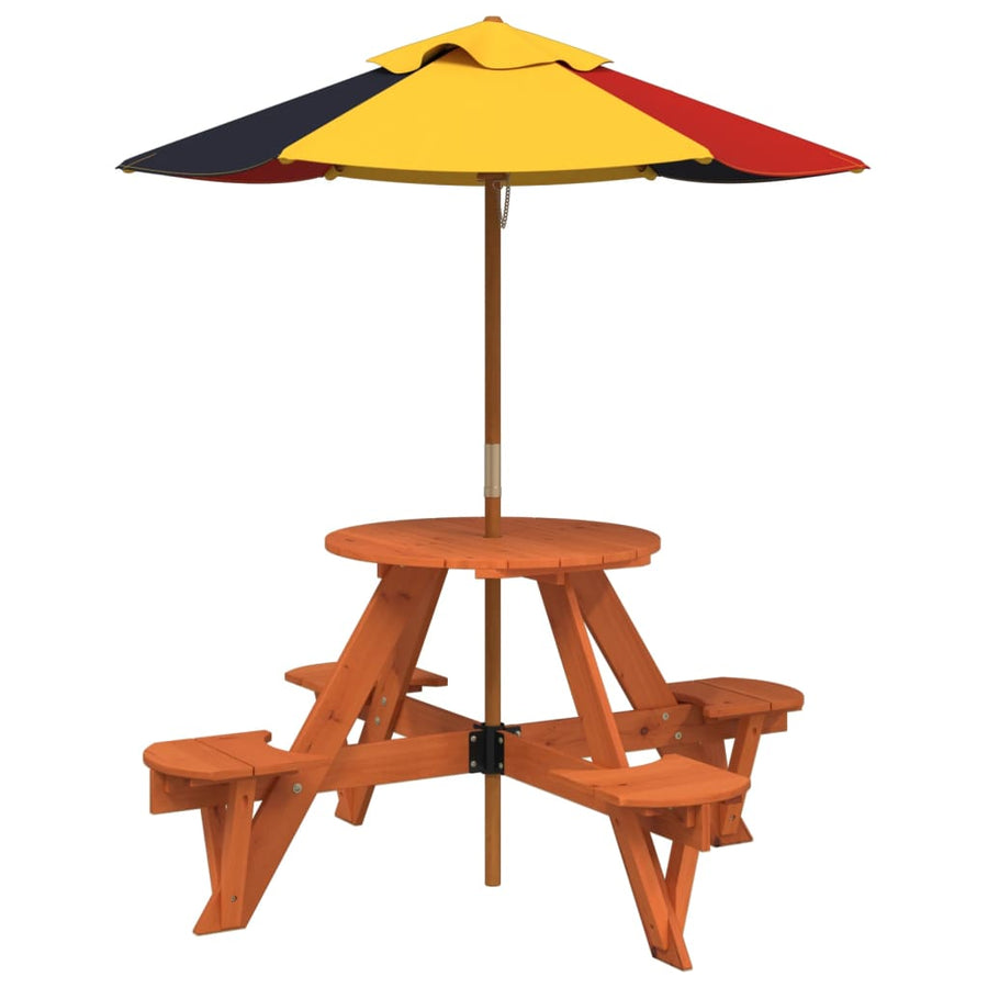 Picknicktafel Voor 4 Kinderen Met Parasol Rond Vurenhout donkerbruin en meerkleurig