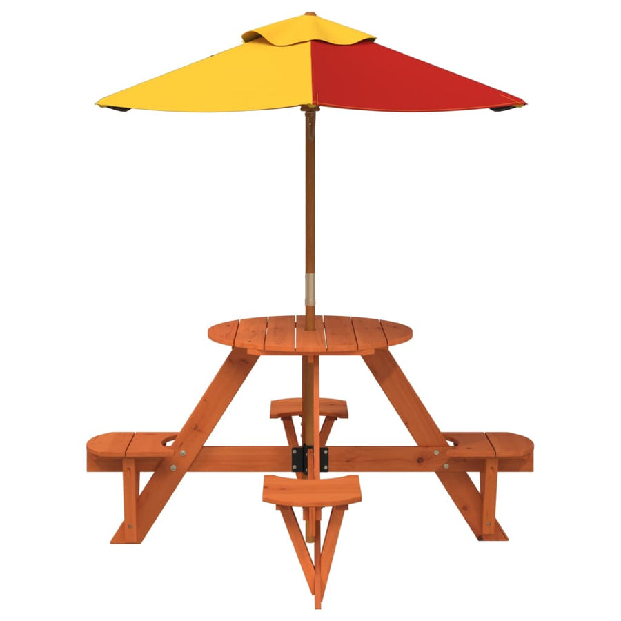 Picknicktafel Voor 4 Kinderen Met Parasol Rond Vurenhout donkerbruin en meerkleurig