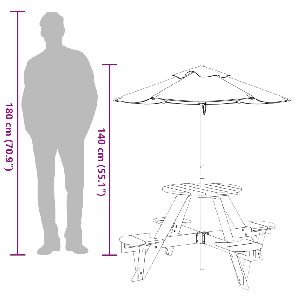 Picknicktafel Voor 4 Kinderen Met Parasol Rond Vurenhout donkerbruin en meerkleurig