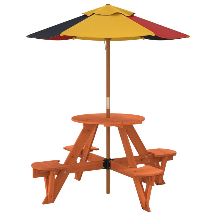 Picknicktafel Voor 4 Kinderen Met Parasol Rond Vurenhout donkerbruin en meerkleurig
