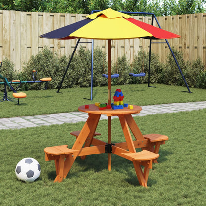 Picknicktafel Voor 4 Kinderen Met Parasol Rond Vurenhout donkerbruin en meerkleurig