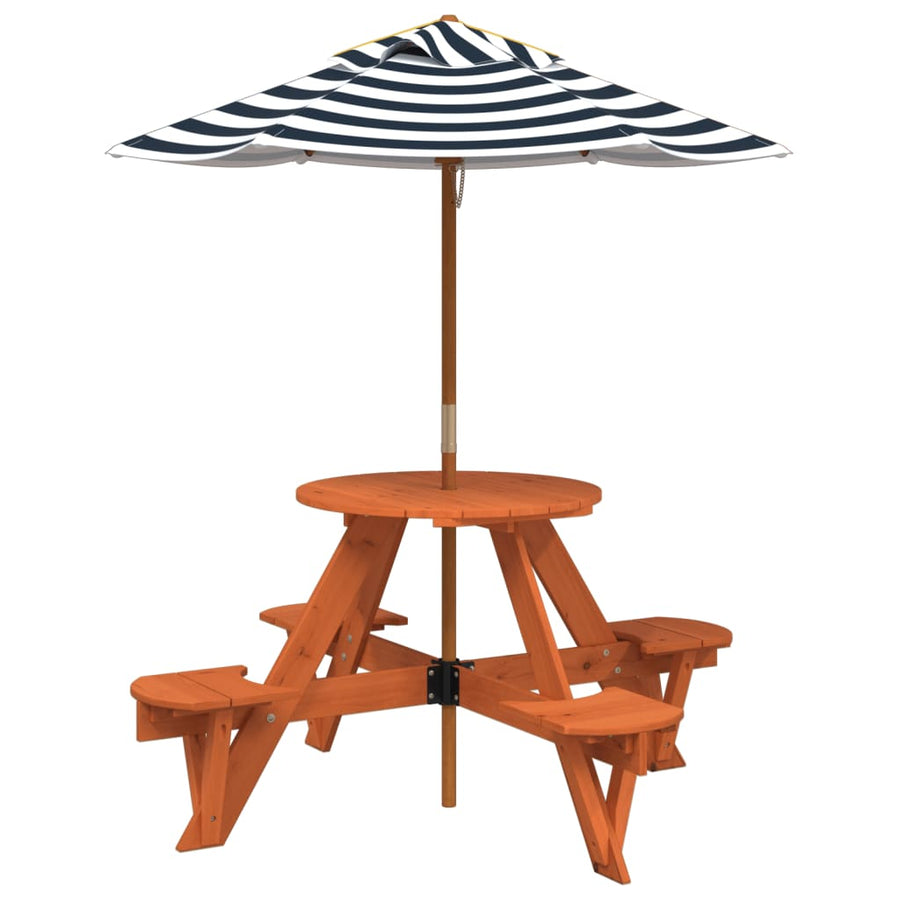 Picknicktafel Voor 4 Kinderen Met Parasol Rond Vurenhout donkerbruin en blauw