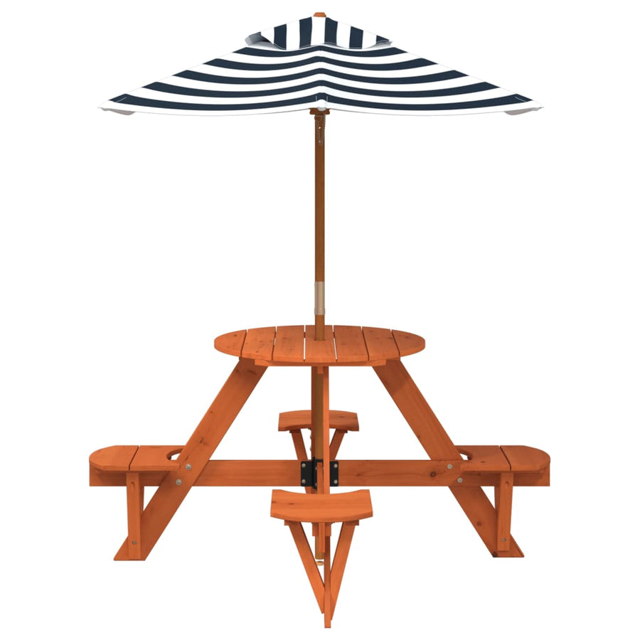 Picknicktafel Voor 4 Kinderen Met Parasol Rond Vurenhout donkerbruin en blauw