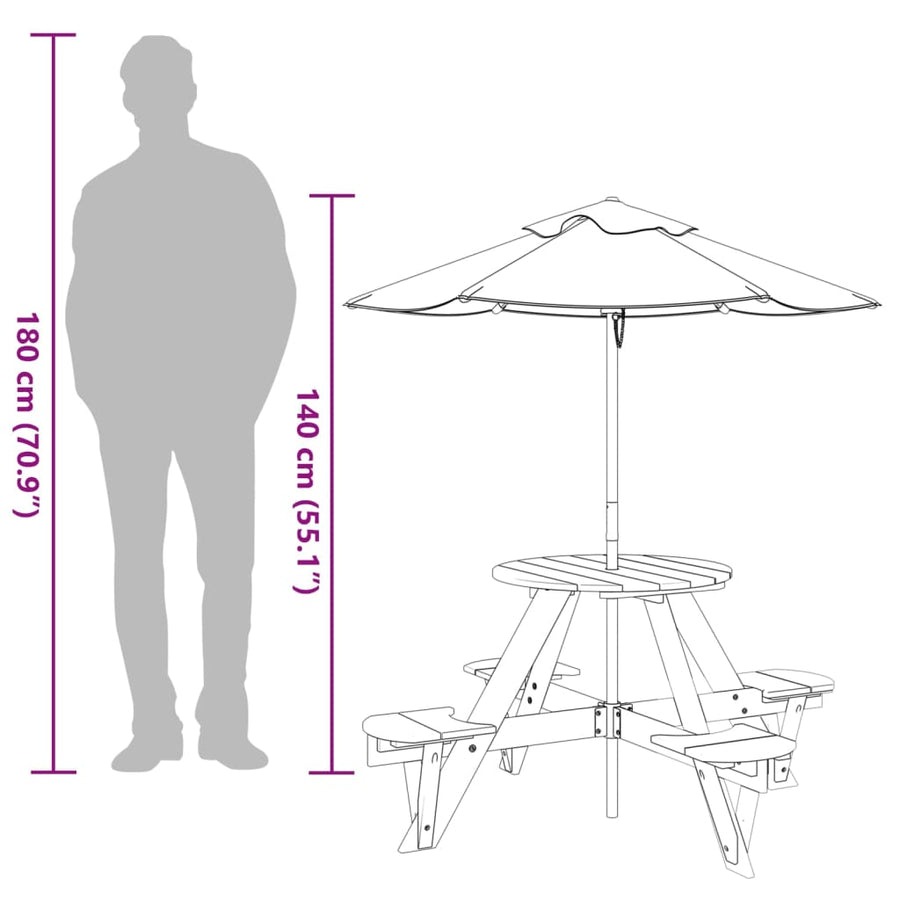 Picknicktafel Voor 4 Kinderen Met Parasol Rond Vurenhout donkerbruin en blauw