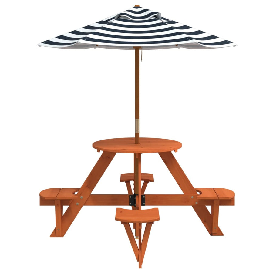 Picknicktafel Voor 4 Kinderen Met Parasol Rond Vurenhout donkerbruin en blauw