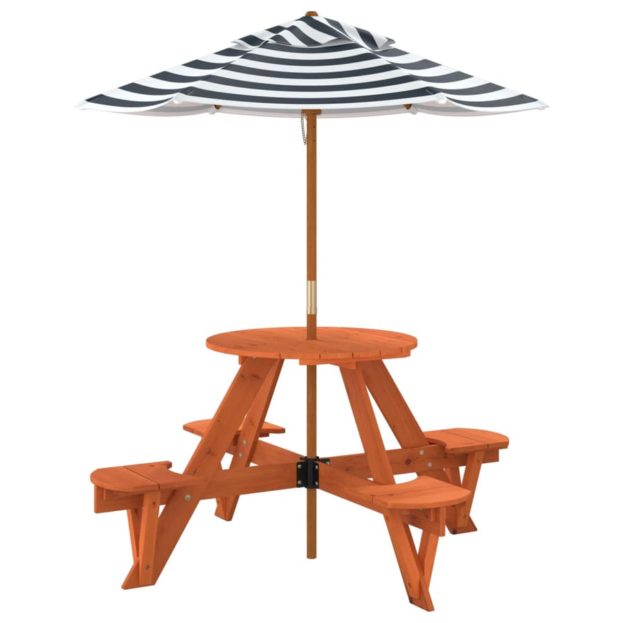 Picknicktafel Voor 4 Kinderen Met Parasol Rond Vurenhout donkerbruin en blauw