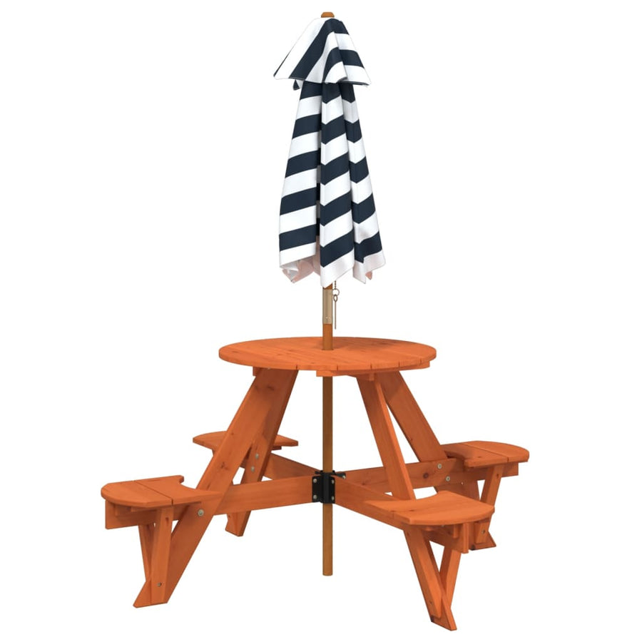 Picknicktafel Voor 4 Kinderen Met Parasol Rond Vurenhout donkerbruin en blauw