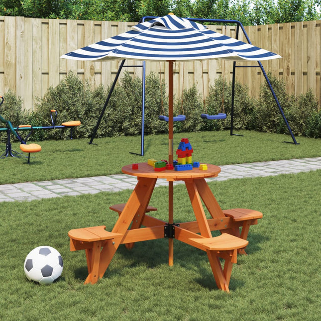 Picknicktafel voor 4 kinderen met parasol rond vurenhout