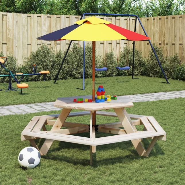 Picknicktafel voor 4 kinderen met parasol zeshoekig vurenhout