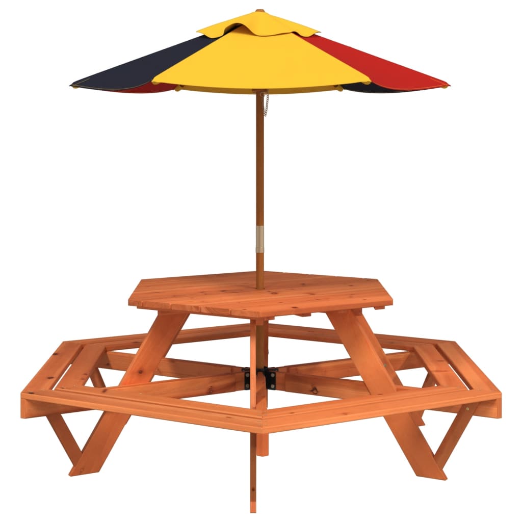 Picknicktafel Voor 4 Kinderen Met Parasol Zeshoekig Vurenhout donkerbruin en meerkleurig