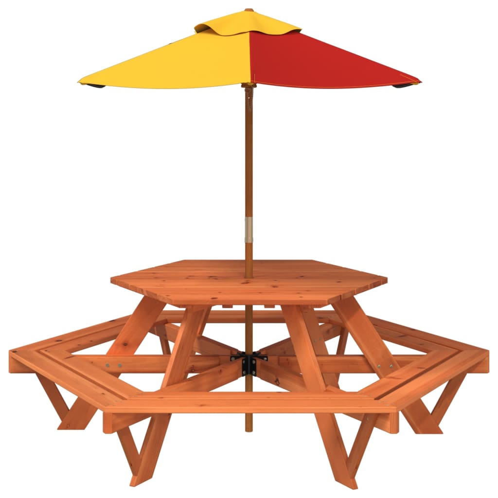 Picknicktafel Voor 4 Kinderen Met Parasol Zeshoekig Vurenhout donkerbruin en meerkleurig