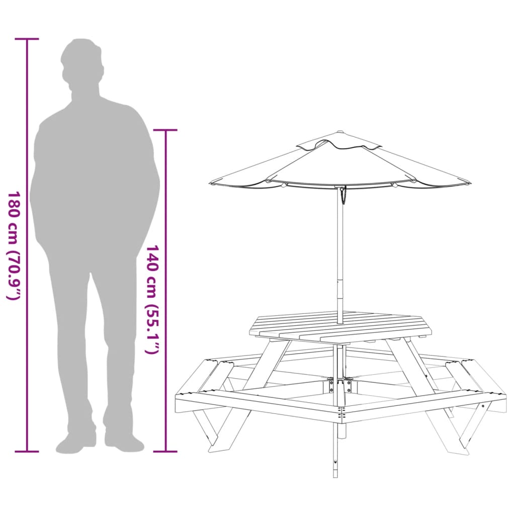 Picknicktafel Voor 4 Kinderen Met Parasol Zeshoekig Vurenhout donkerbruin en meerkleurig
