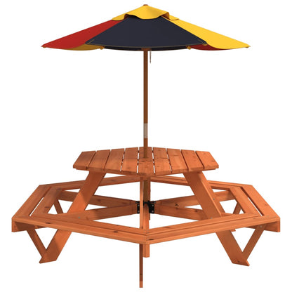 Picknicktafel Voor 4 Kinderen Met Parasol Zeshoekig Vurenhout donkerbruin en meerkleurig