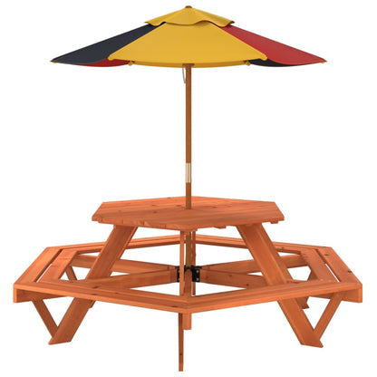Picknicktafel Voor 4 Kinderen Met Parasol Zeshoekig Vurenhout donkerbruin en meerkleurig