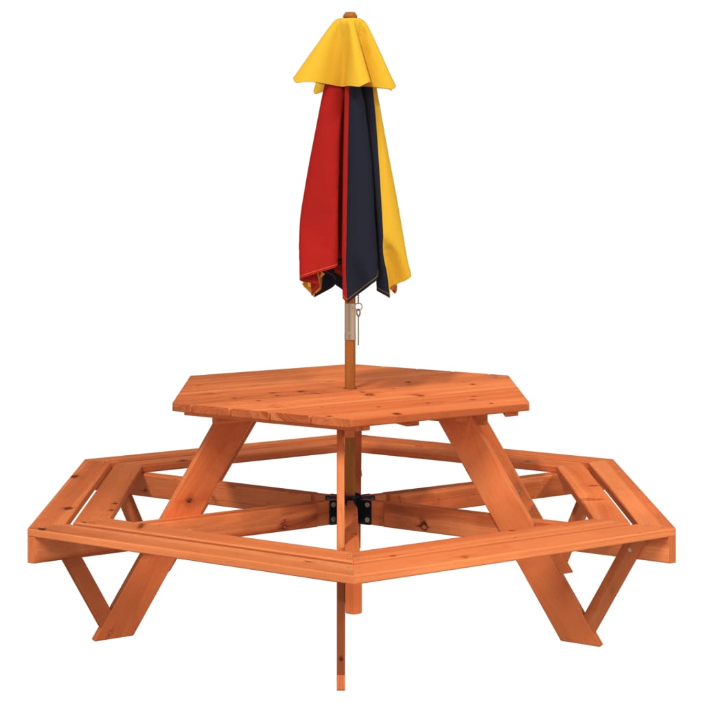 Picknicktafel Voor 4 Kinderen Met Parasol Zeshoekig Vurenhout donkerbruin en meerkleurig