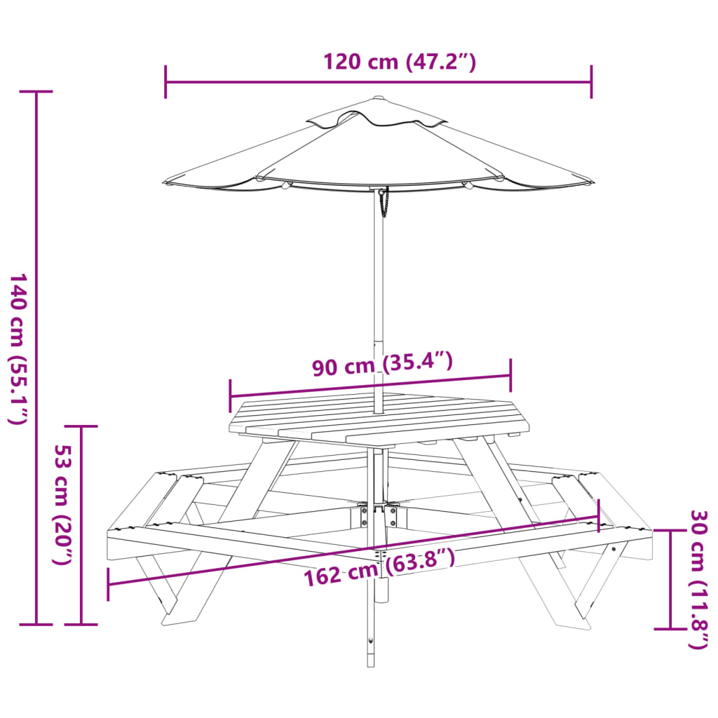 Picknicktafel Voor 4 Kinderen Met Parasol Zeshoekig Vurenhout donkerbruin en meerkleurig