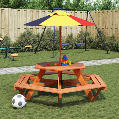 Picknicktafel Voor 4 Kinderen Met Parasol Zeshoekig Vurenhout donkerbruin en meerkleurig