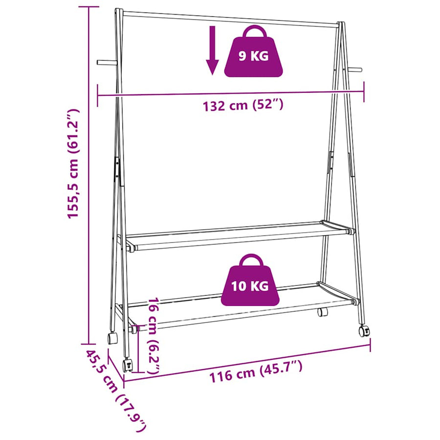Kledingrek met schappen en wielen 132x45,5x155,5 cm bamboe