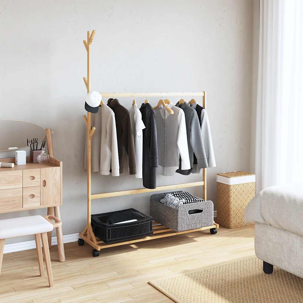 Kledingrek met haken en wielen 100x35x157 cm bamboe