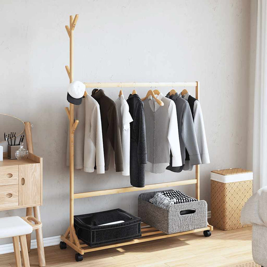 Kledingrek met haken en wielen 100x35x157 cm bamboe