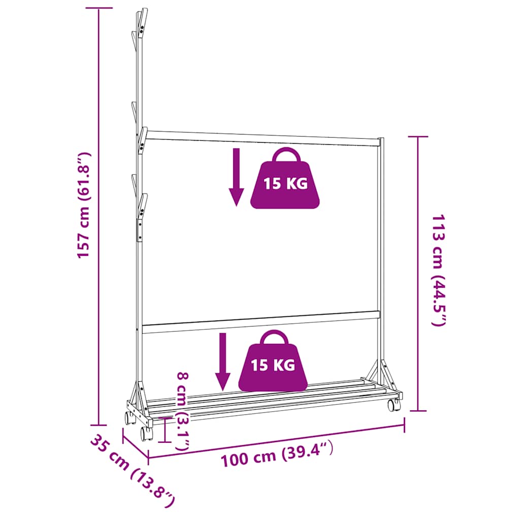 Kledingrek met haken en wielen 100x35x157 cm bamboe