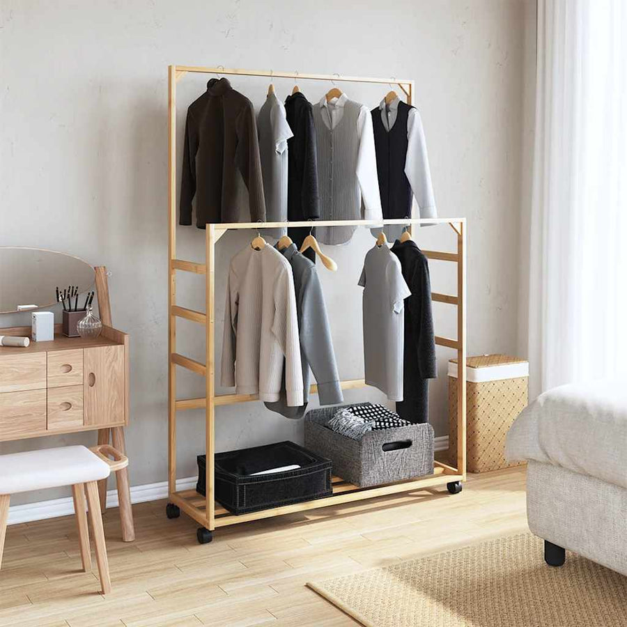Kledingrek met schappen en wielen 90x35x155 cm bamboe