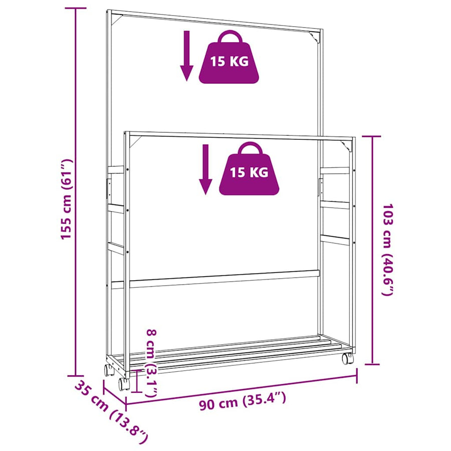 Kledingrek met schappen en wielen 90x35x155 cm bamboe