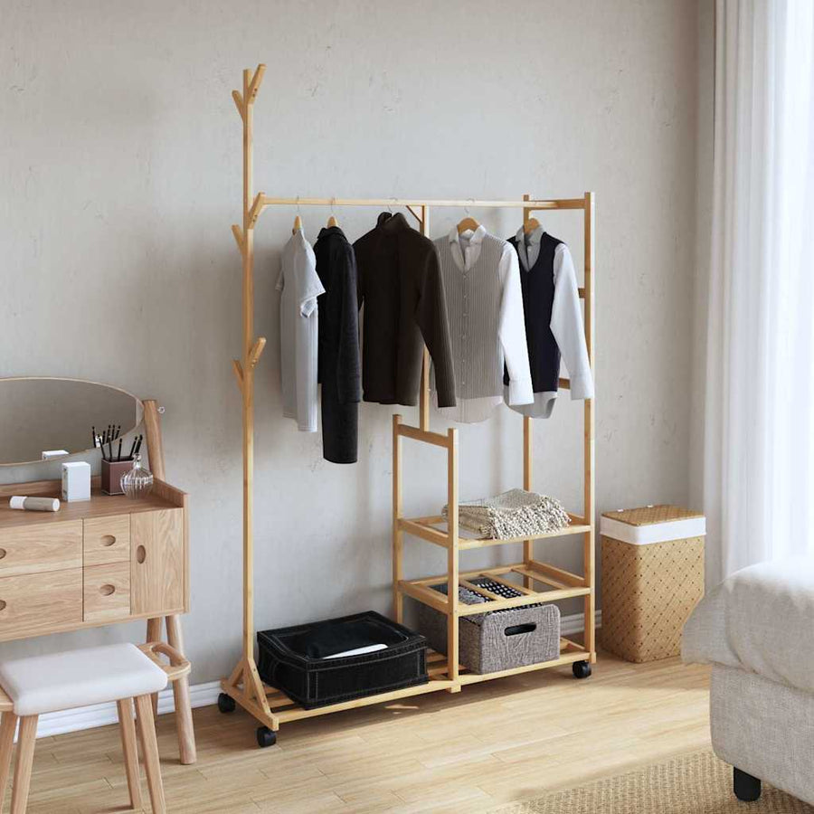 Kledingrek met schappen en wielen 100x38x175,5 cm bamboe