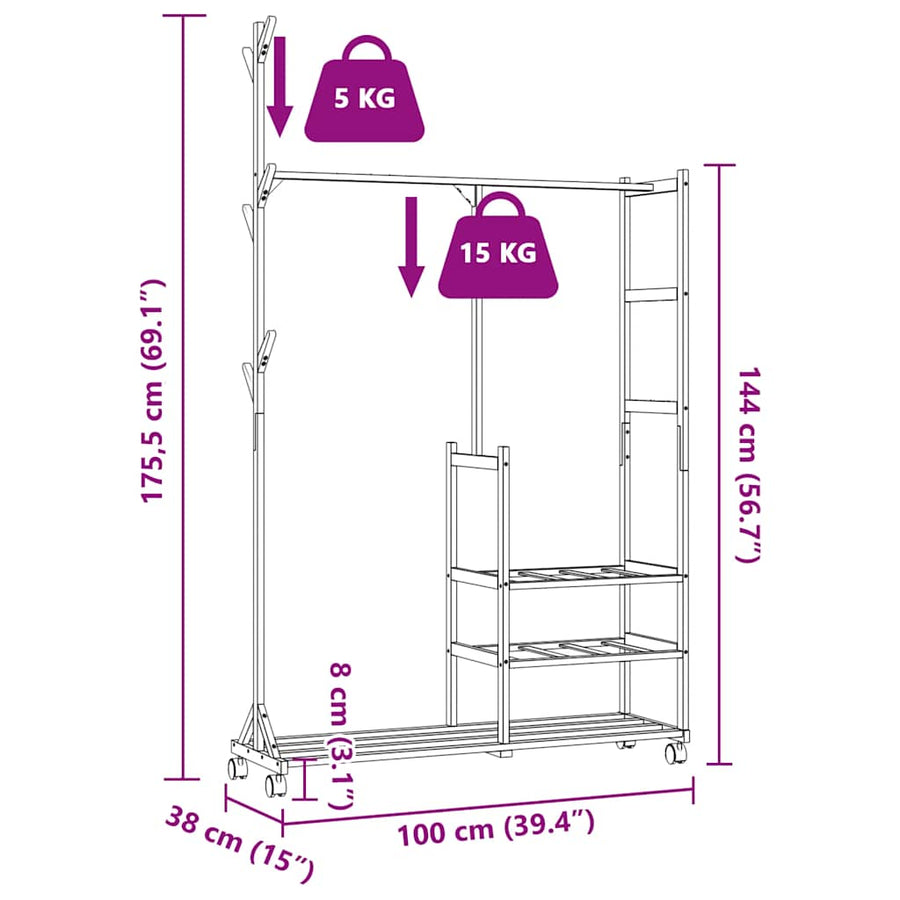 Kledingrek met schappen en wielen 100x38x175,5 cm bamboe