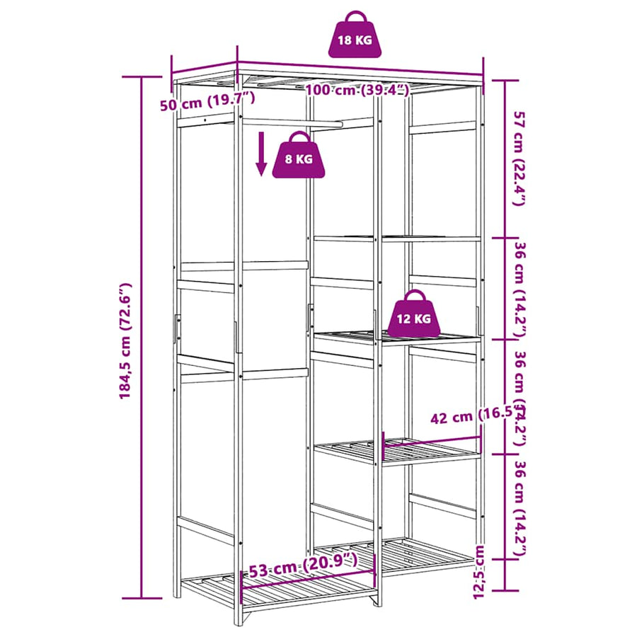 Kledingrek met schappen 100x50x184,5 cm bamboe