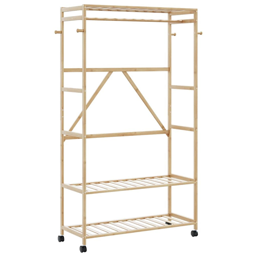 Kledingrek met schappen en wielen 110x40x180 cm bamboe