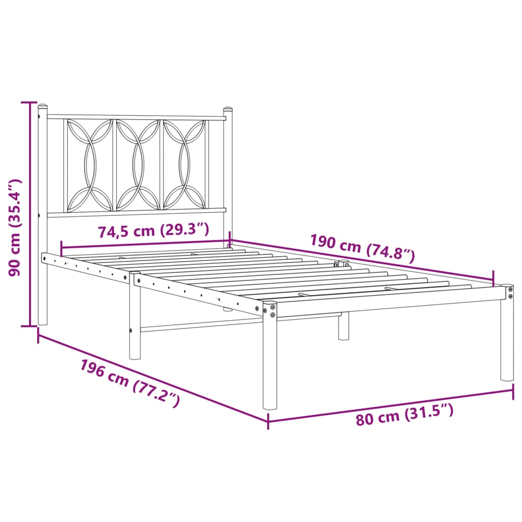 Bedframe met hoofdbord metaal zwart 75x190 cm